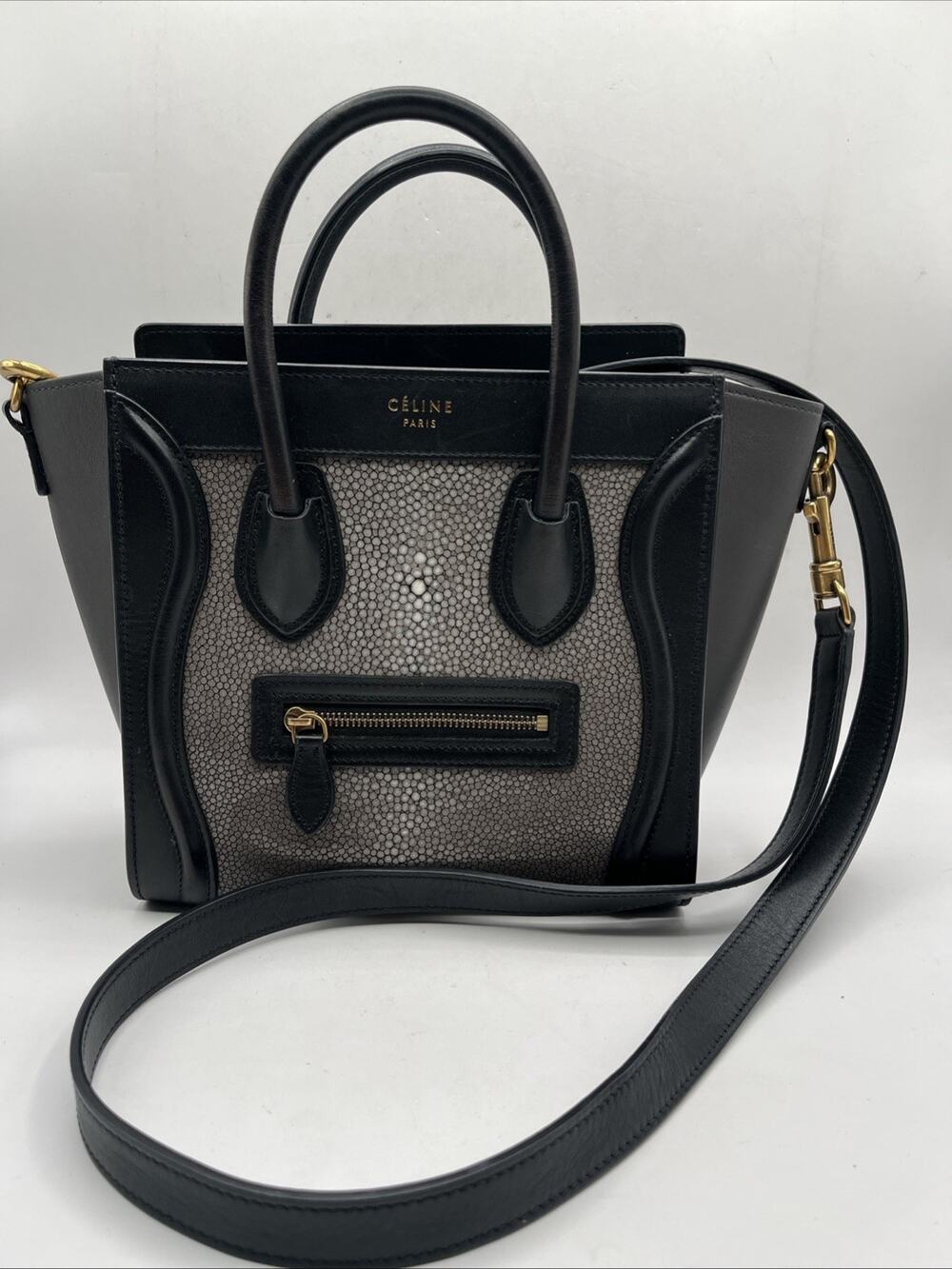 CELINE Stingray Nano Luggage Tote Crossbody Bag Black Leather Vintage RARE